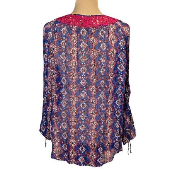 Lucky Brand Boho Peasant Blouse Sz.XL Blue Pink Floral Chiffon Crochet Cottage - Picture 3 of 11